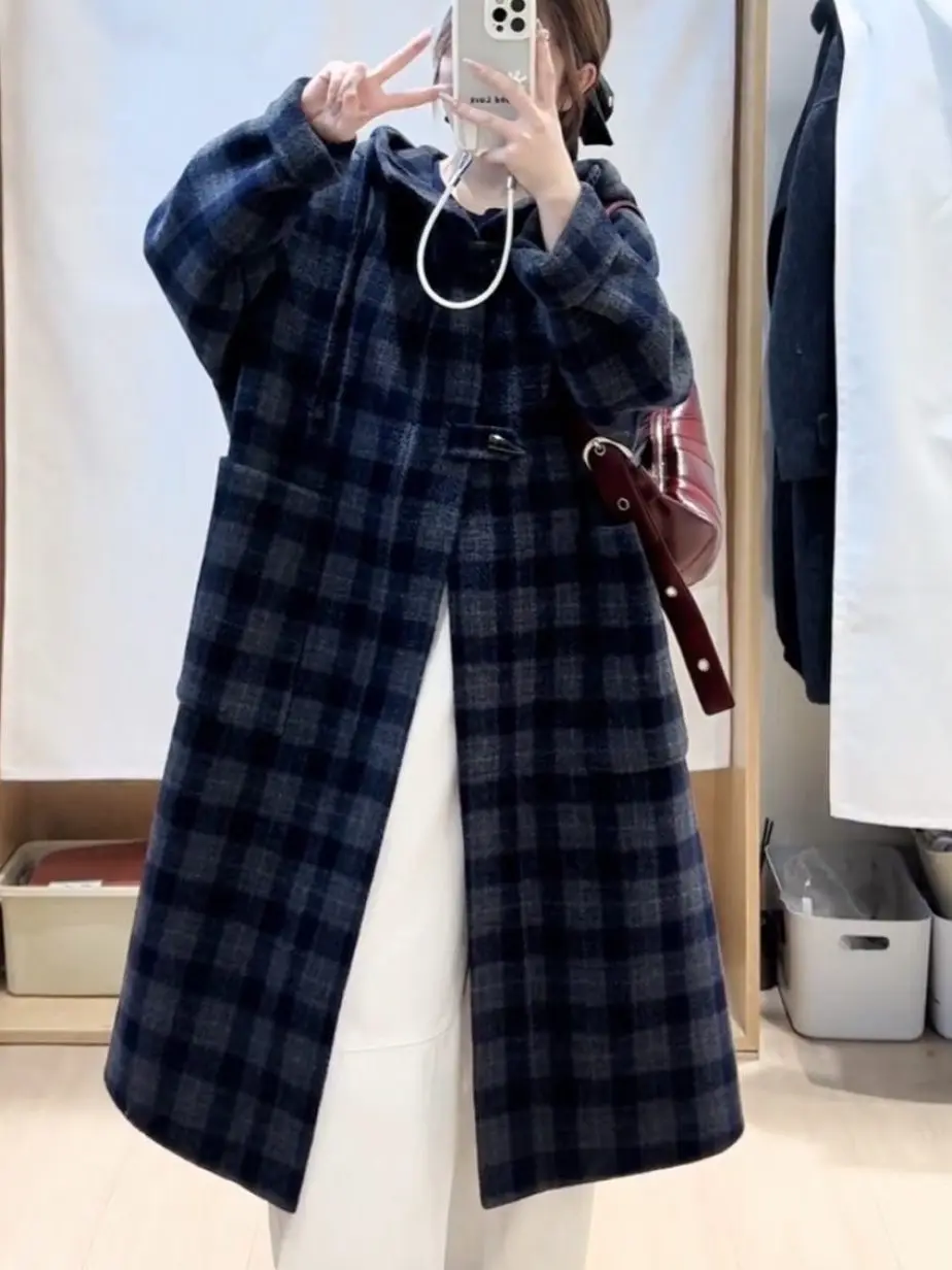

Весна 2026: Женское двустороннее шерстяное утепленное длинное повседневное пальто свободного кроя в клетку с пуговицами и карманами, в повседневном стиле
