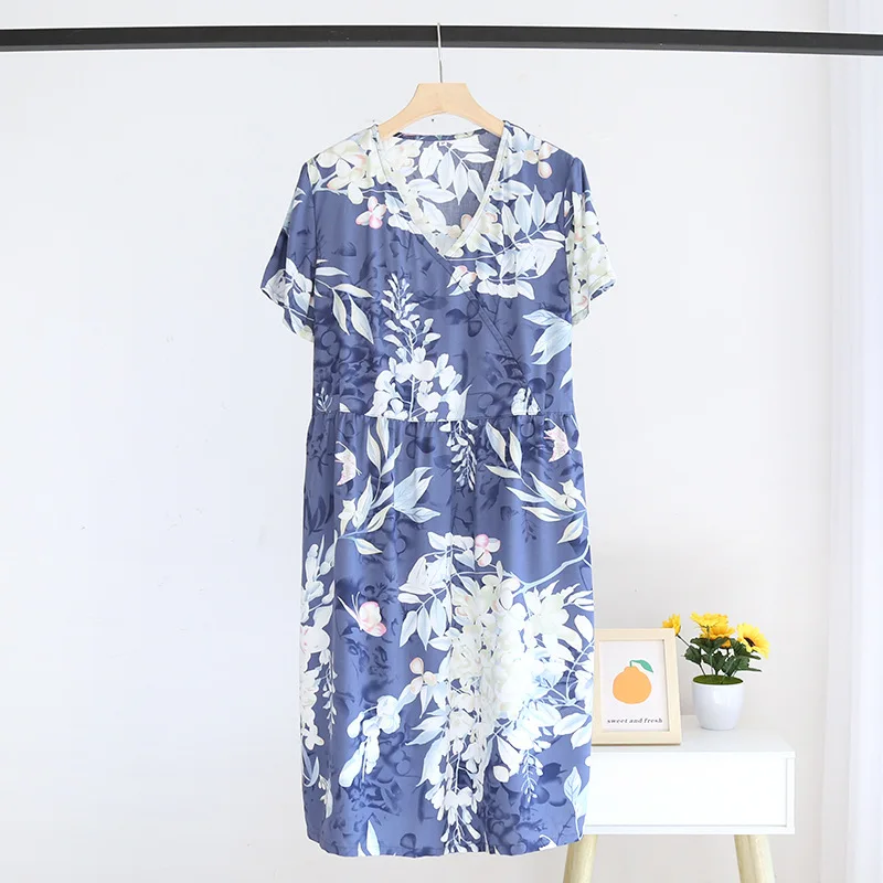 Verão novas senhoras com decote em v camisola 100% viscose manga curta casa vestido floral conforto tamanho grande vestido seção fina feminino