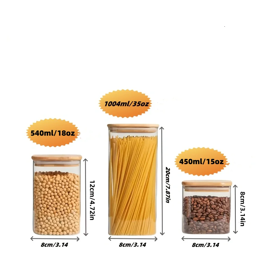   2/4/6/8Pcs Square Glass Sealed Jars, Kitchen Organizers, Storage Containers with Bamboo Lids, Glass Jars, Multi-Capacity Combination Set, Coffee Storage Containers, Suitable for Kitchen Spices, Coffee, Grains, Candies, Cookies, Pasta, Home Kitchen Table Decoration, Stackable Storage, Suitable for Holiday and Wedding Gifts