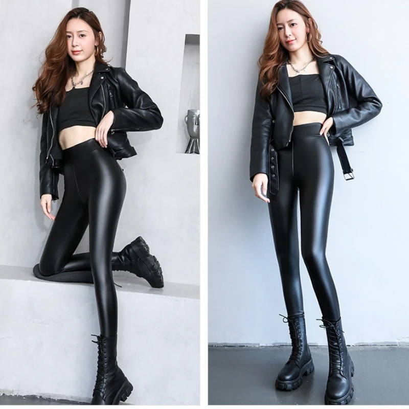 Autumn Winter Women's PU Leather Pants Thick Keep Warm Leggings for Outer Wear High Waisted Hip Lifting Out Wear Female Clothing