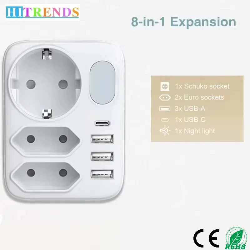 Eu plug wall power outlet with 3 USB and 1 Type-C multi-plug power adapter, night light function suitable for home travel office