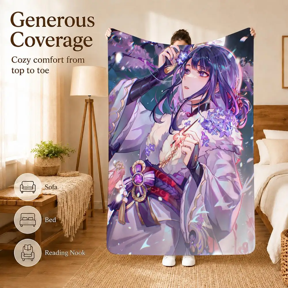 Genshin Impact Raiden Shogun Powerful Throw Ultra Soft Summer Flannel Throw Blanket for Couch, Bed, Office & Travel