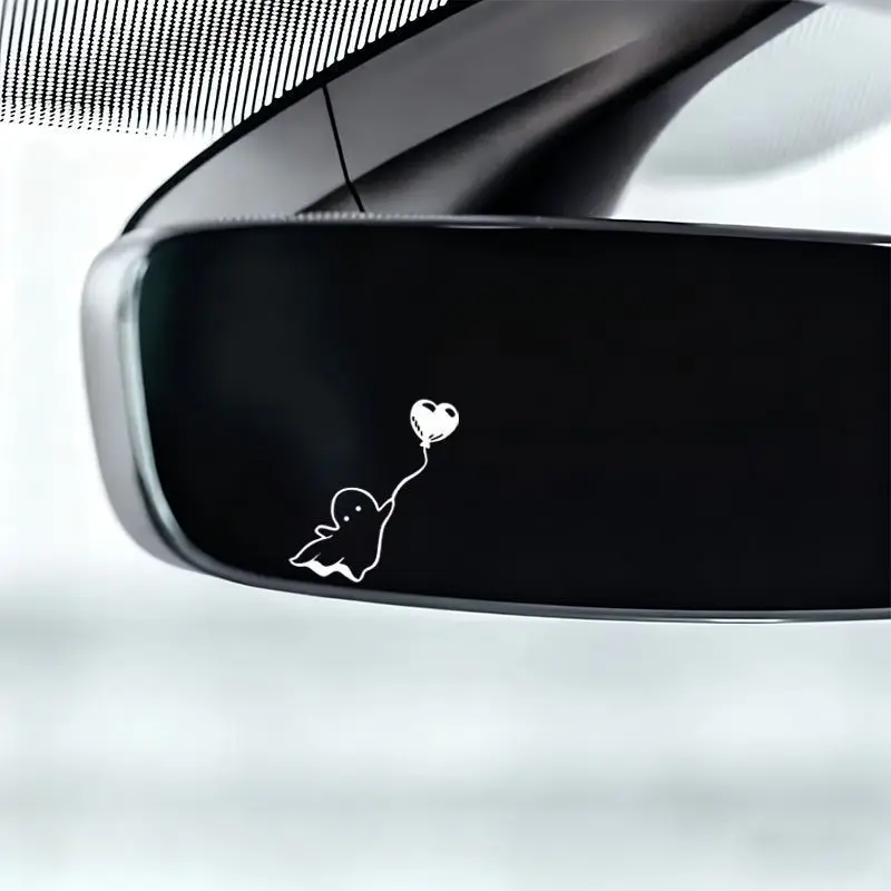 Halloween Cute Ghost With Heart‑Shaped Balloon Car Rear‑View Mirror Vinyl Sticker, Self‑Adorable Removable Interior Decal