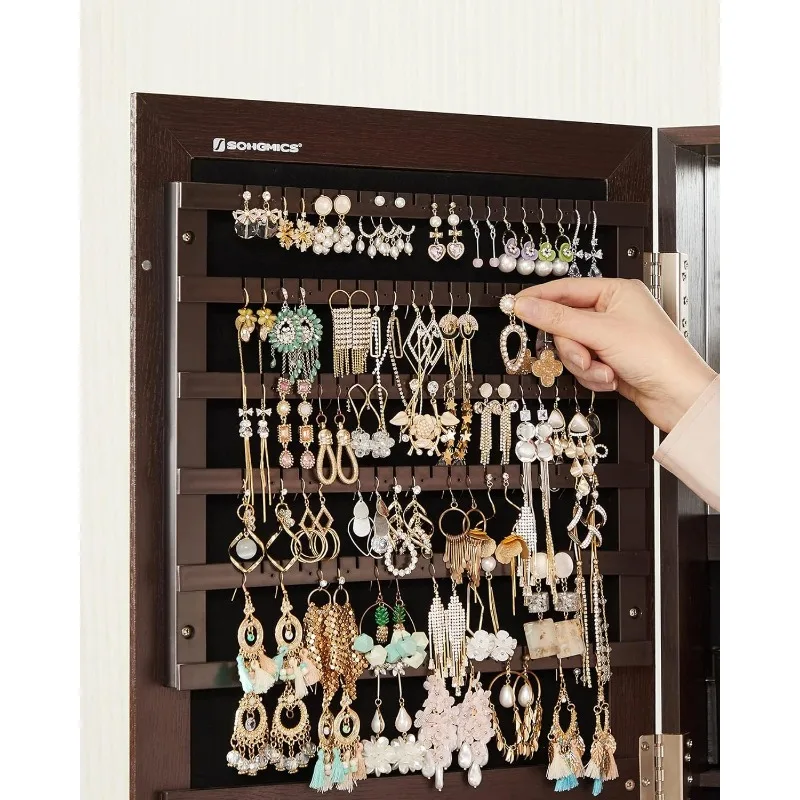 منظم مجوهرات قابل للقفل مع مرآة كاملة الطول ، خزانة مجوهرات دوارة ° ، أرفف تخزين خلفية ، داخلية