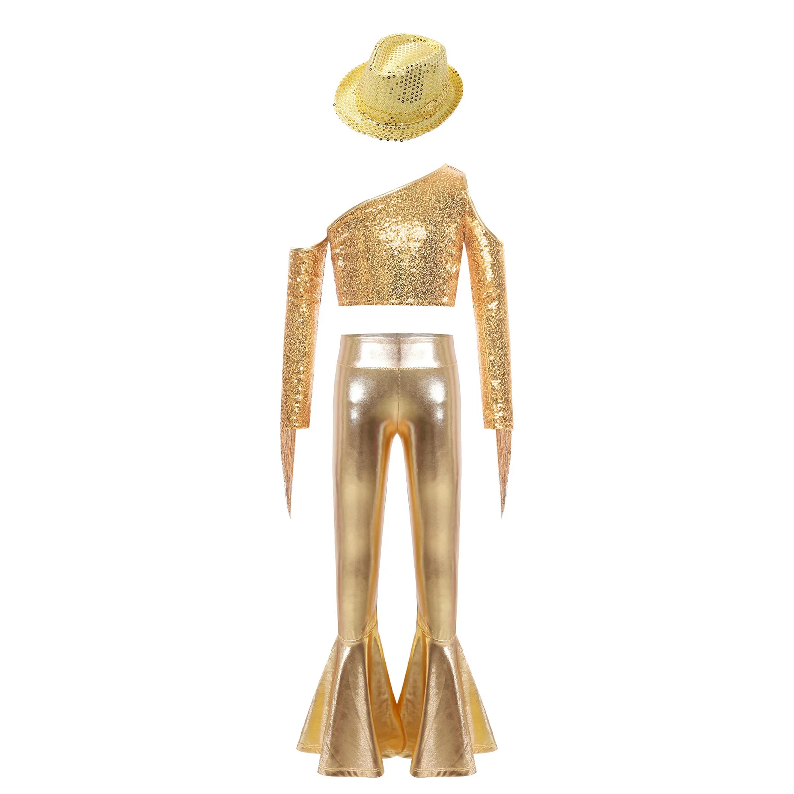 Kids Girls Sequin Tassels Dancewear 60s 70s Disco Sets Top Flares Pants Hat Hippie Jazz Dance Outfit Stage Performance Costume view 6