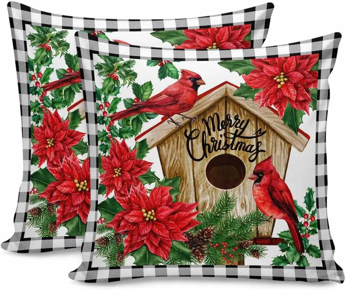 

2 Packs Christmas Cotton Throw Pillow Covers Cardinal Birds Xmas Poinsettia Pillowcases 18x18 Inch Square Buffalo Plaid Soft