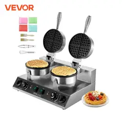 VEVOR Commercial Waffle Maker Dual-Head Round Waffle Baker Machine 2460W Non-Stick Stainless Steel Belgian Waffle Iron with Temp