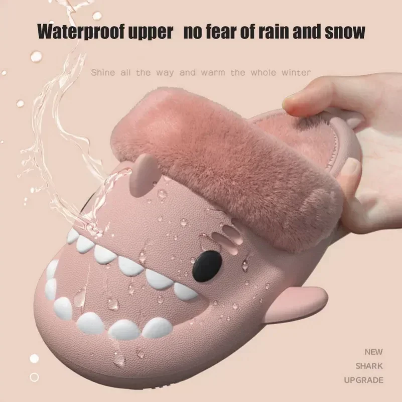 Warm Shark Plush Slippers Winter Cartoon Cotton Shoes Children Detachable Waterproof Indoor Outdoor Plush Household Soft Slides