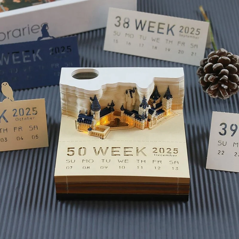 Time Piece Calendar, 2025 Desk Calendar Memo Pad, 3D Magic Castle Time Piece Notepad with Lights