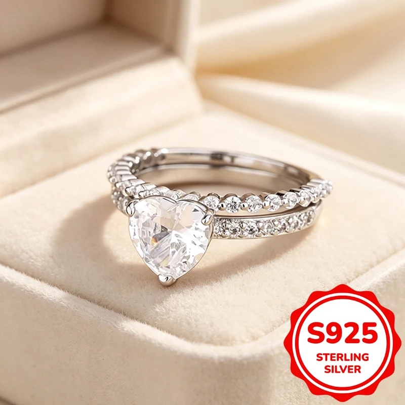 Genuine S925 Sterling Silver Heart Cubic Zirconia Ring Set Stackable Engagement Wedding Band Rings For Women Bridal Jewelry