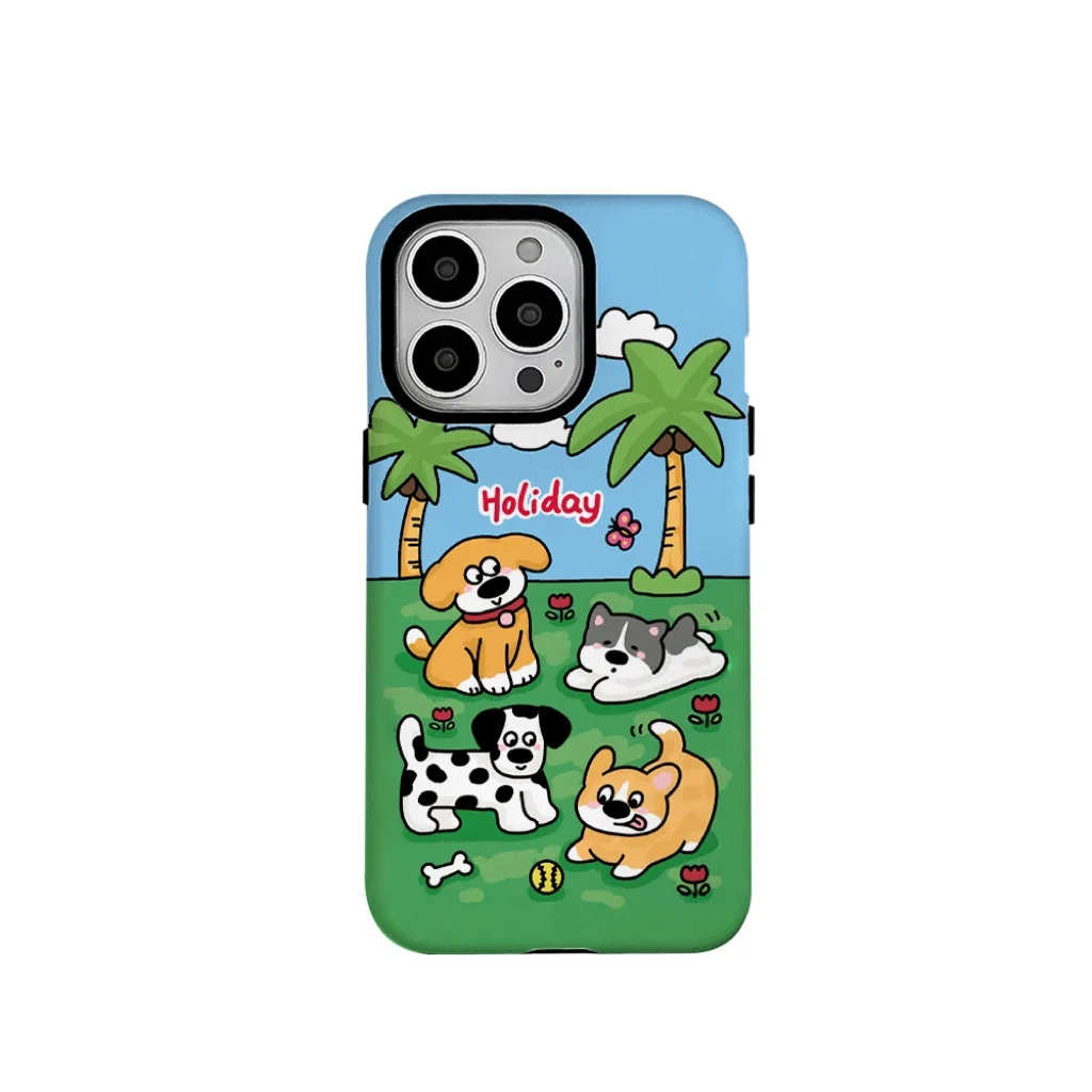 American Vacation Dog Cartoon Phone Case Two-In-One Film Protective Shell for IPhone 16 15 14 13 12 11 Pro Max 15 Plus XR COVER