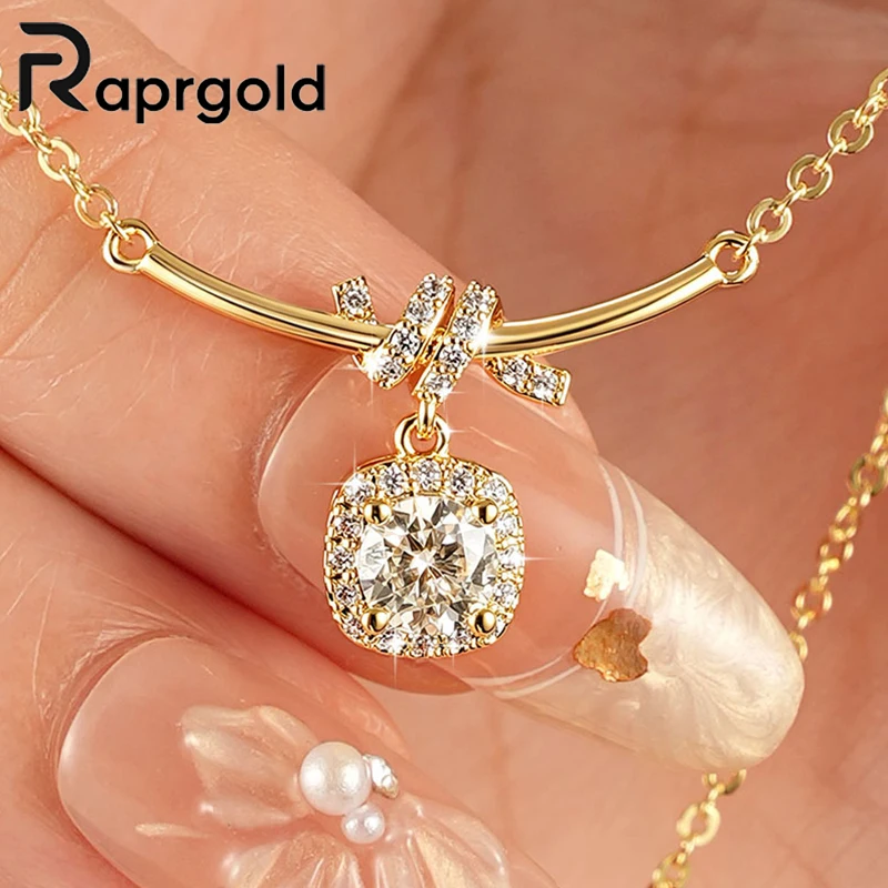 RAPRGOLD 0.5ct GRA Moissanite Pendant Necklace 14K Gold Plated Curved Bar Cushion Halo Drop Jewelry Gifts for Women