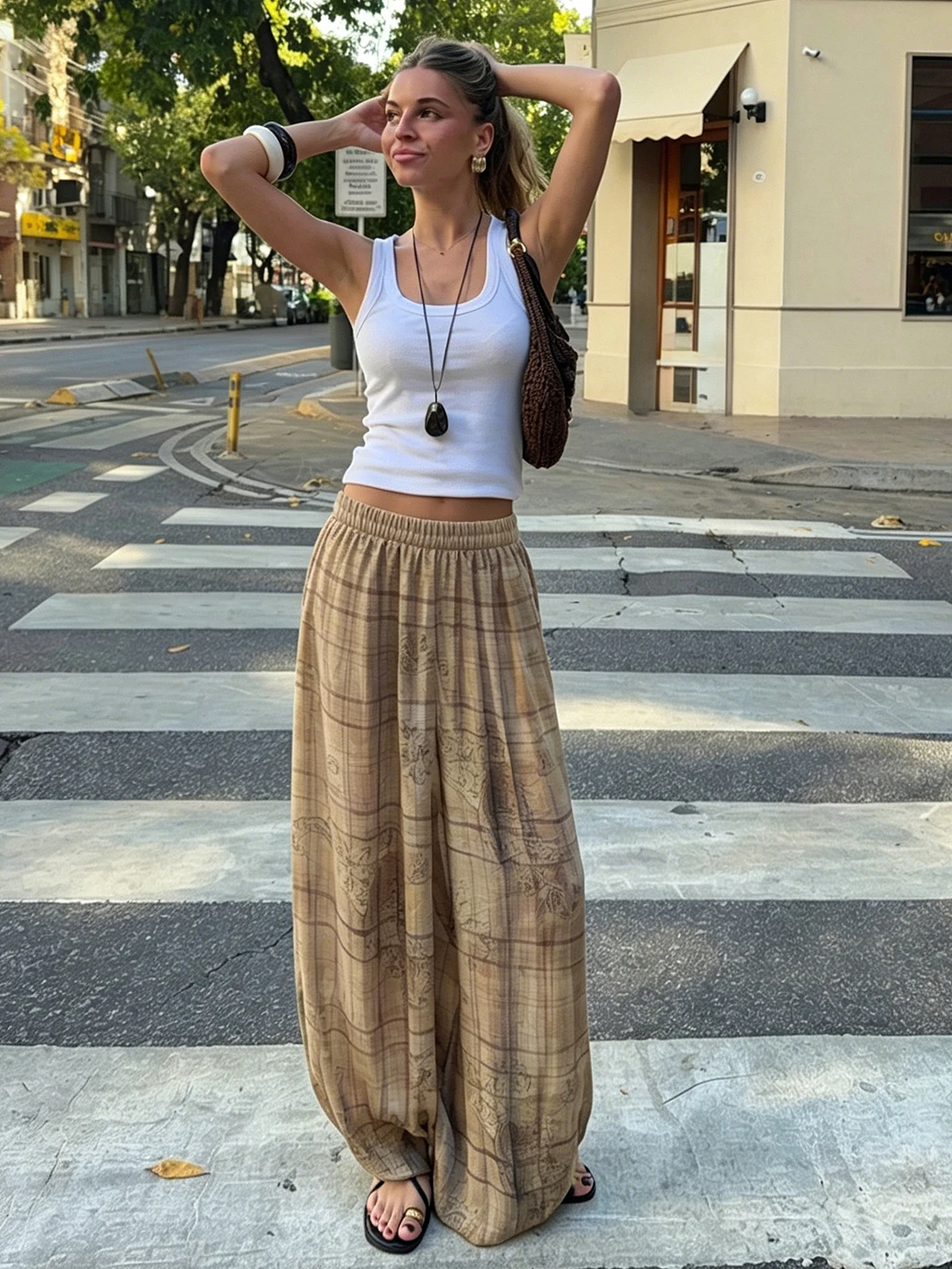 Casual Loose Fit Khaki Plaid Lantern Pants Women's Elastic Waist Slimming Versatile Wide Leg Pants Asymmetric Commute Style