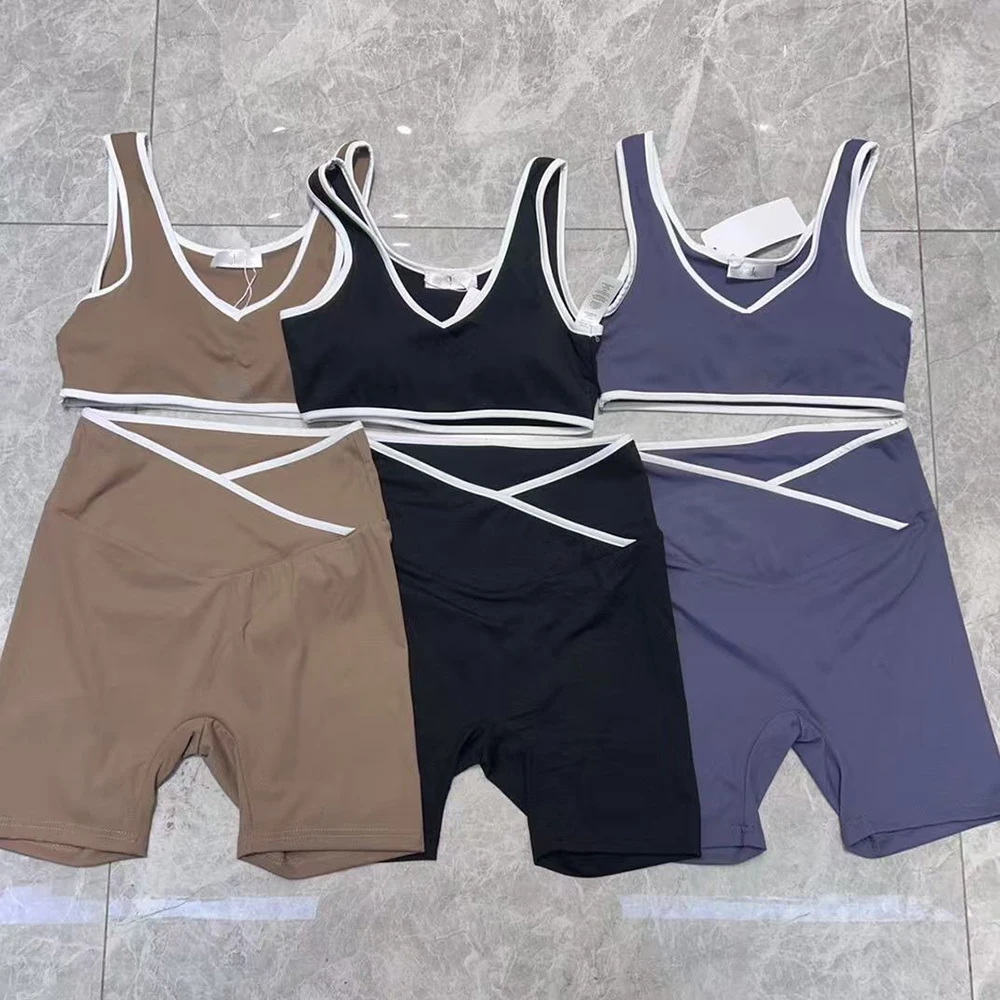 طقم يوجا نسائي عالي الخصر بظهر متقاطع وكتلة ألوان للجري واللياقة البدنية وإحساس ضيق ملابس رياضية بدون كم للارتداء النشط