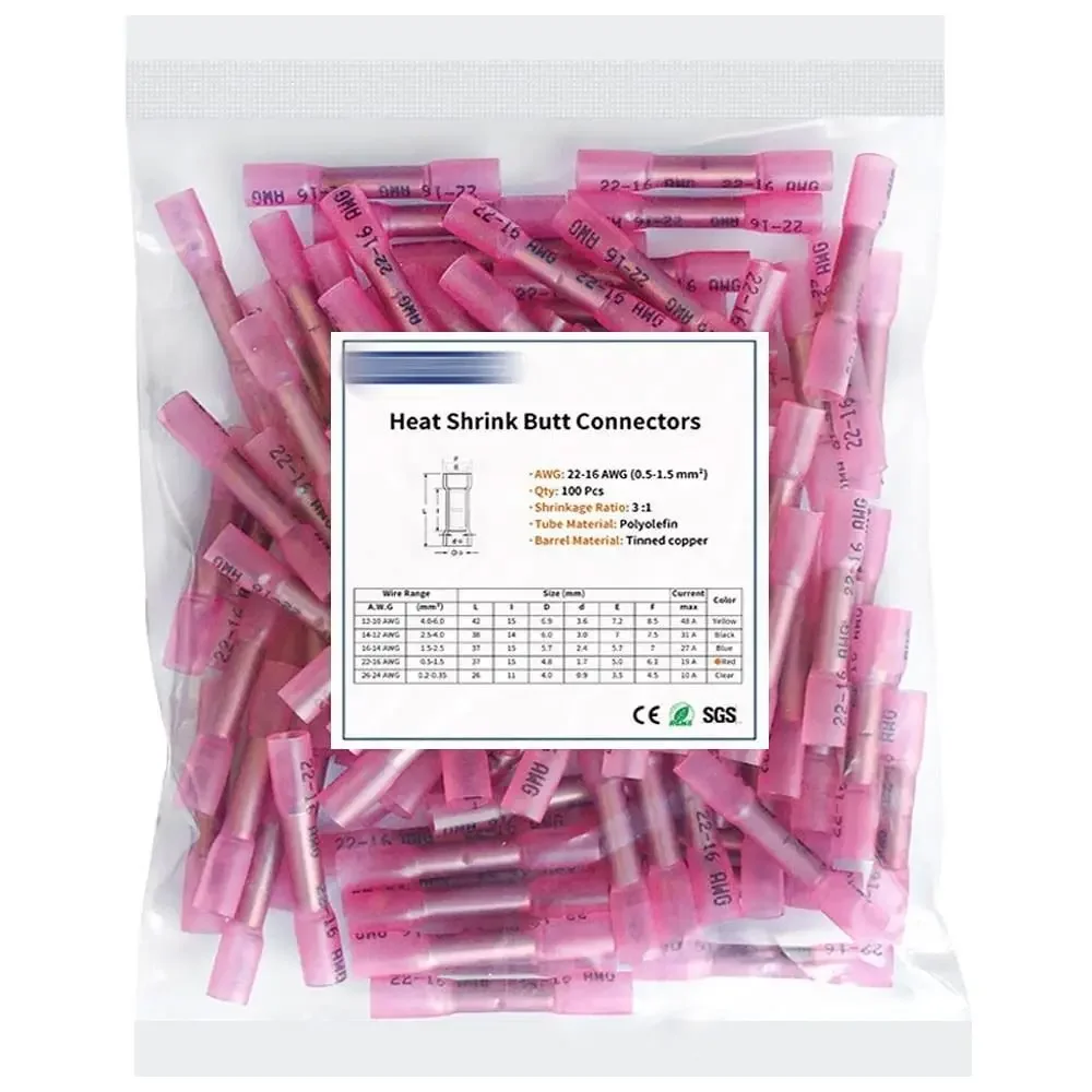 100pcs Waterproof Female Spade Connectors 22-16 Gauge Insulated Seal Wire Connectors Heat Shrink Red Butt Crimp Terminals