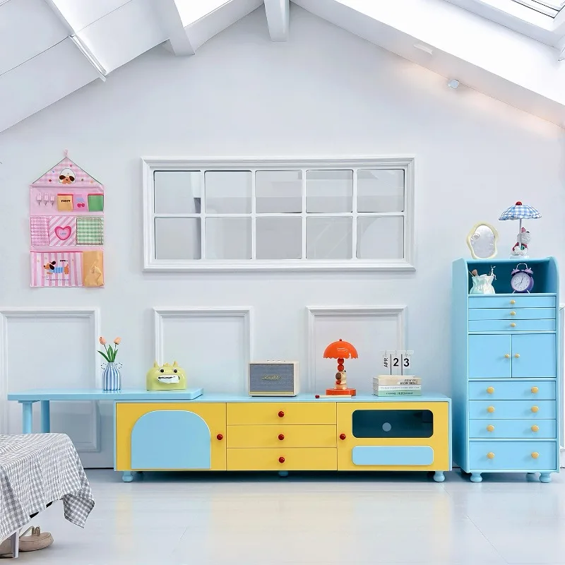 Telescopic TV cabinet Small apartment solid wood storage cabinet combination dopamine living room household floor cabinet