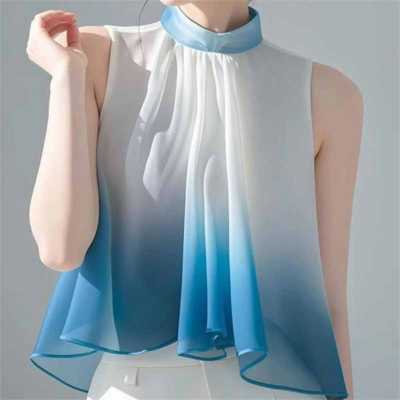 Hanging Neck Shirt For Women Blouses Sleeveless Top Summer Clothes Shirt Pleated Top Short Thin Blou Splicing Female Blouses