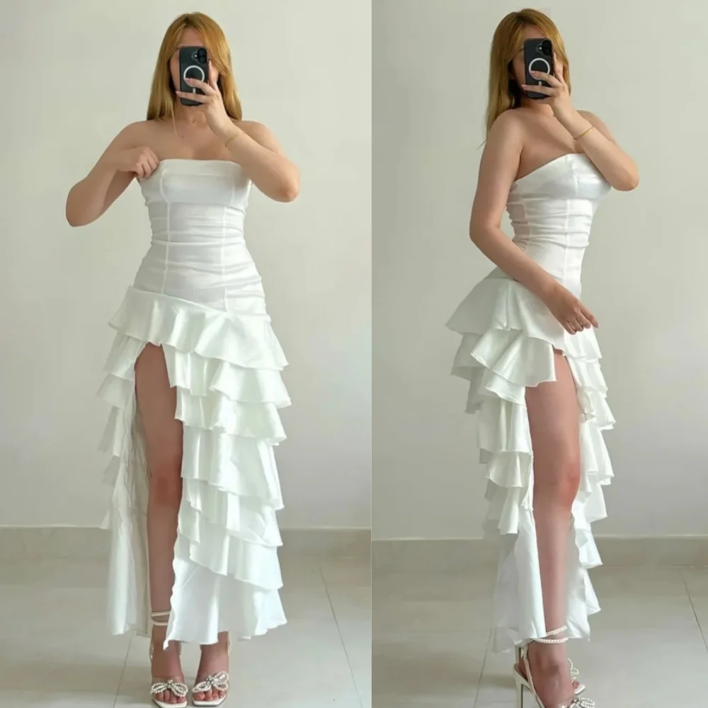 

Customized Elegant Matching Jersey Pleat A-line Strapless Midi Dresses Bespoke Occasion Intricate Fashion