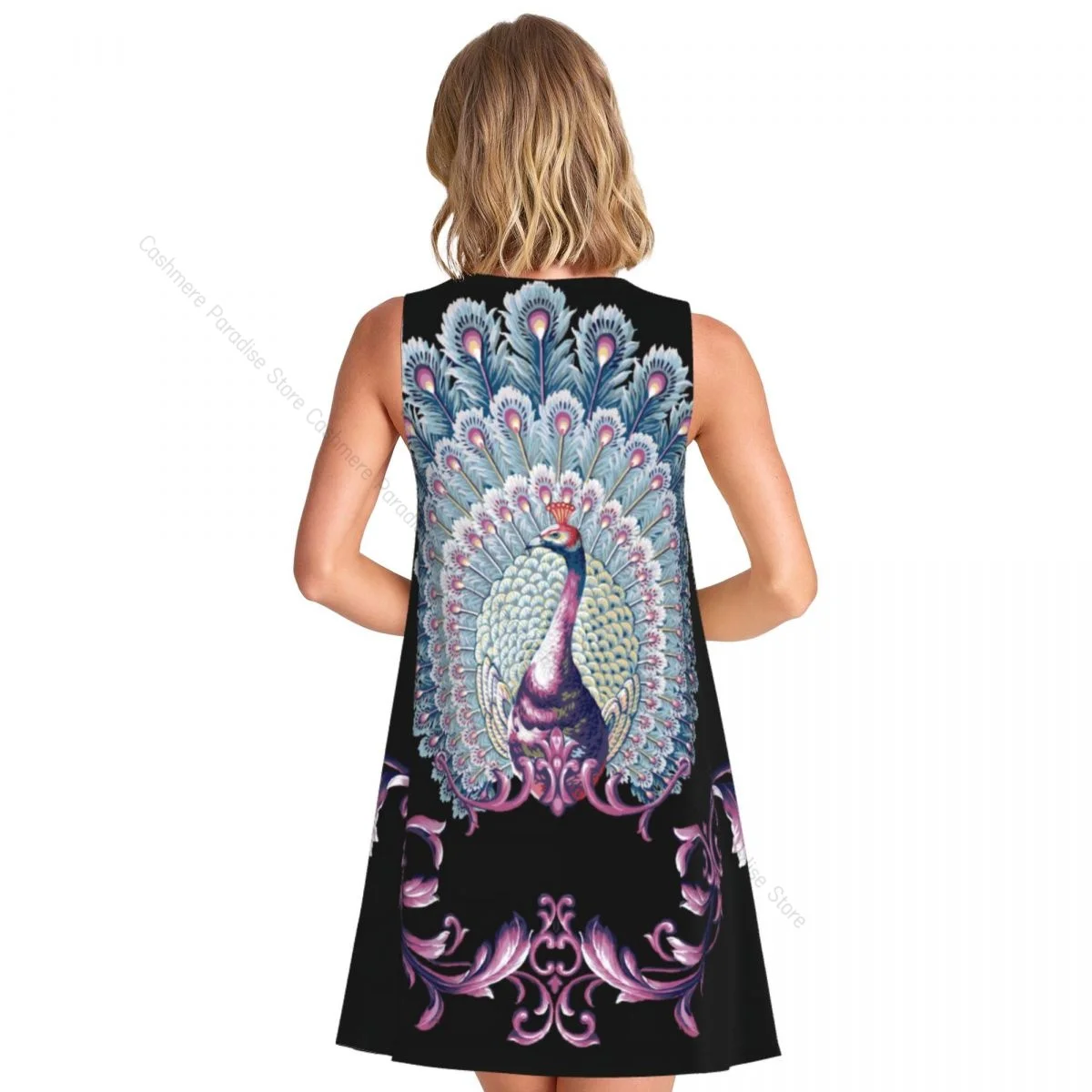 Feminino casual joelho vestido feminino barroco luxo pavão o pescoço sem mangas acima do vestido