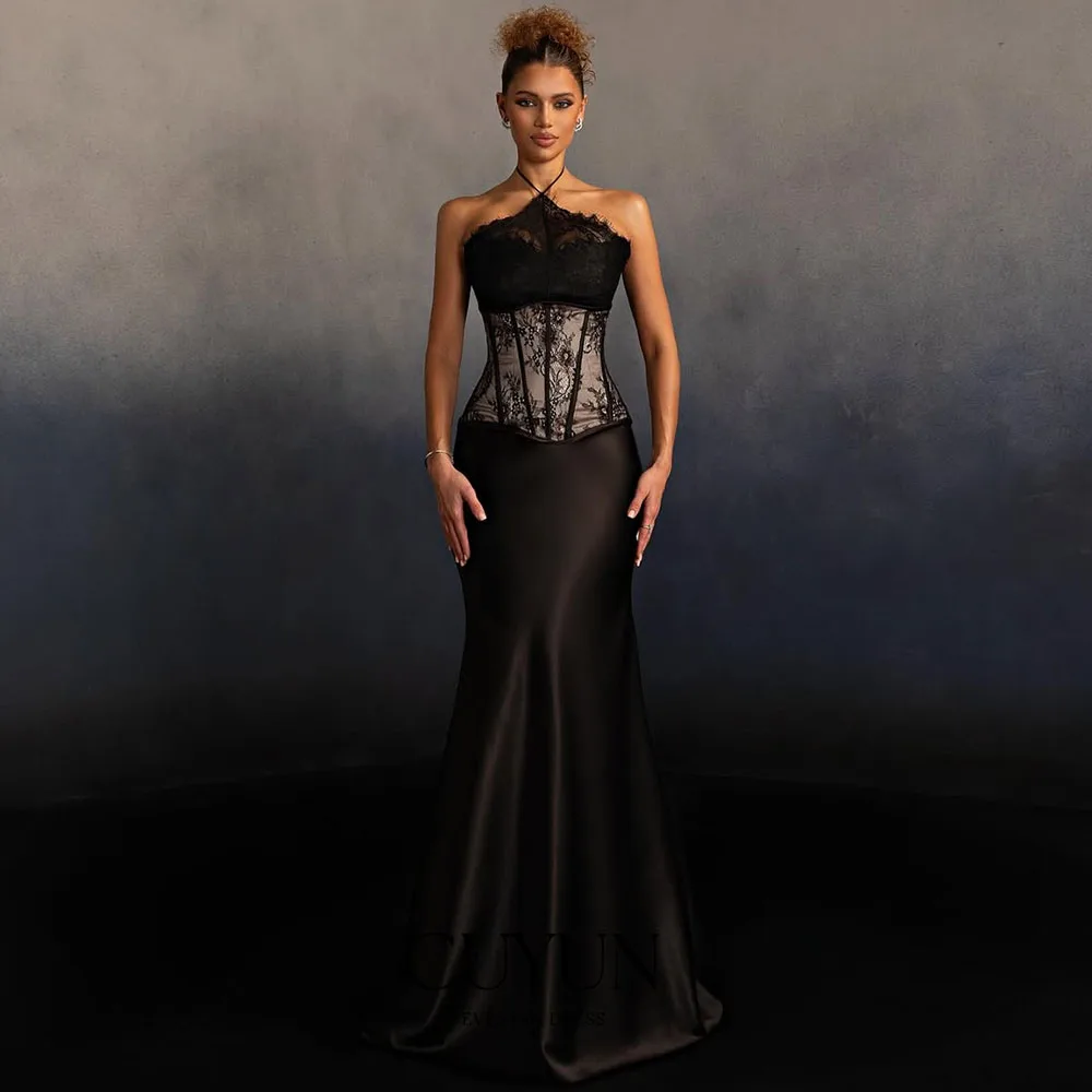 CUYUN Customized Black Elegant Evening Gown Halter Backless Satin and Lace Patchwork Prom Dress Semi-Mermaid Formal Party Gown