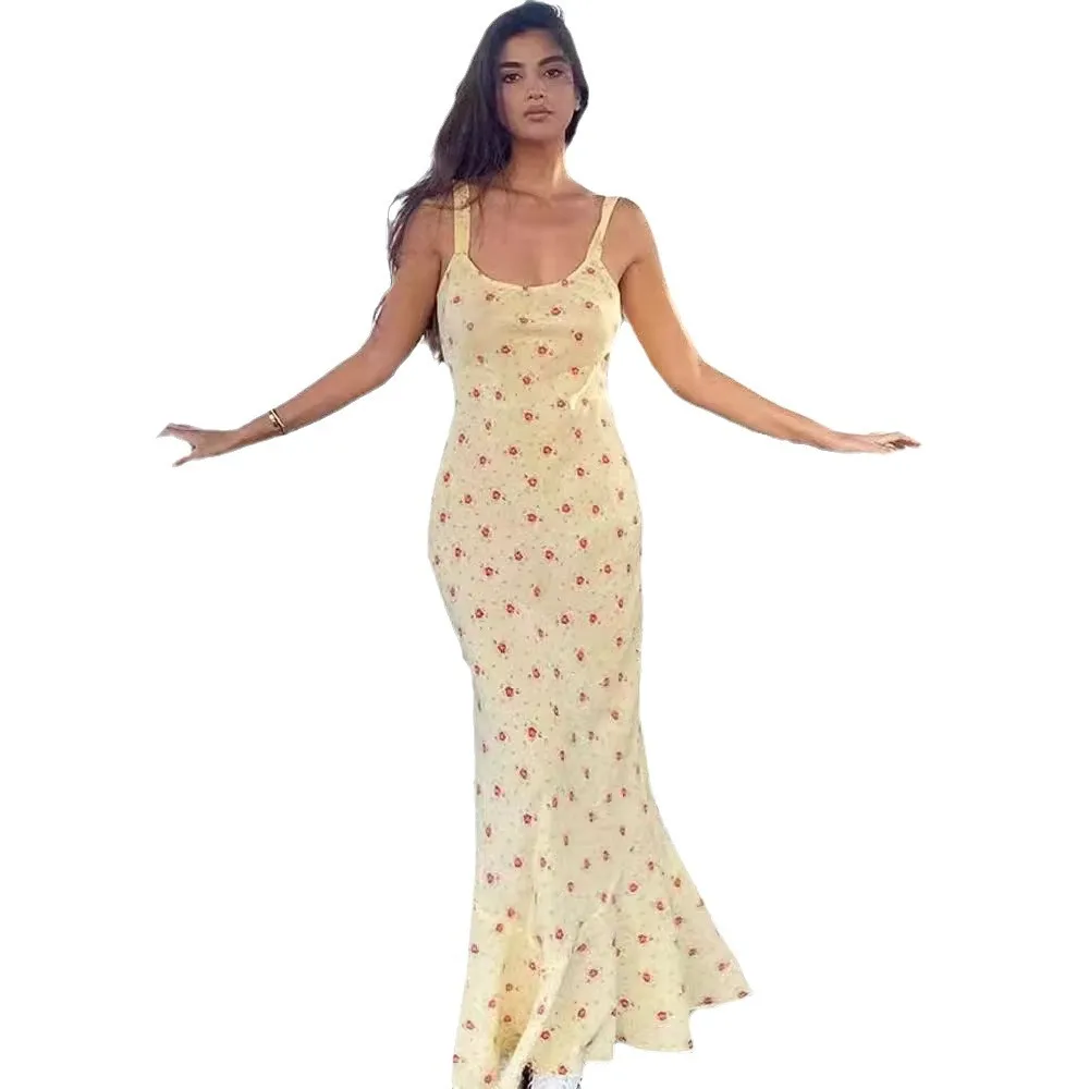 American dress RE24 new yellow floral dress summer French dress high-end