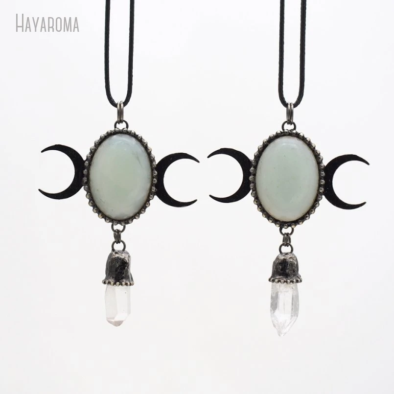 10Pcs Boho Witch Handmade Crescent Moon Oval Antique Silver Color Clear Crystal Leather Rope Amazonite Necklace NM50076