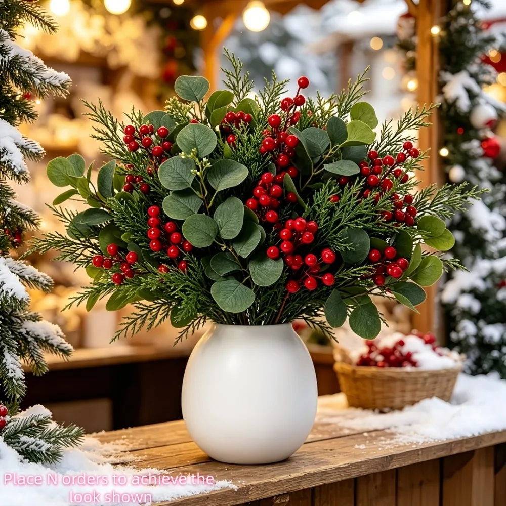 40 Pack Warm Winter Forest Island Artificial Greenery Cuttings Set Highly Realistic Eucalyptus Pine Needles and Red Berry
