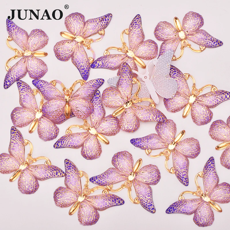 

JUNAO 10Pcs 25*38mm Large Sewing Purple Butterfly Resin Rhinestone Applique Flatback Crystal Stone For Garment Decoration