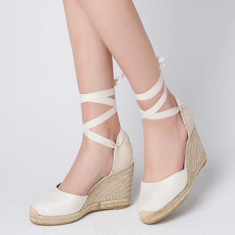 Sandalias de cuña de lino con cordones para mujer, estilo espadrille, para verano