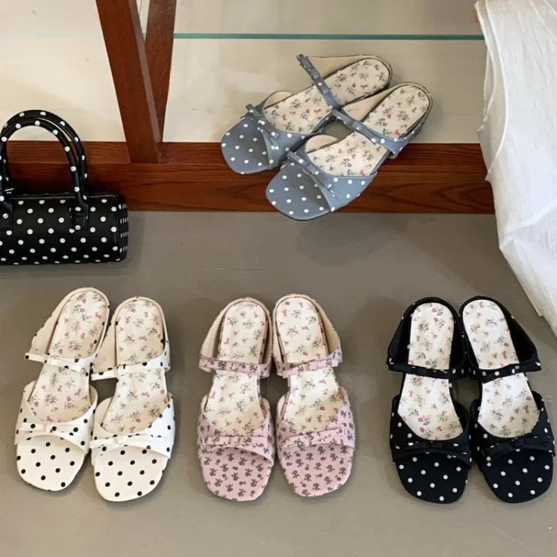 New Summer Butterfly-knot Polka Dot Women Slippers Elegant Open Toe Mid Heel Shoes Ladies Outdoor Daily Wear Dress Slides