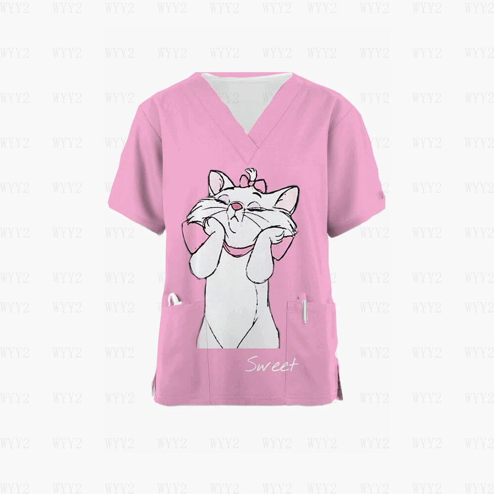 Summer Disney Marie Cat Printed Comfortable Women's Short-Sleeved Nurse Uniform V-Neck Double Pocket Doctor Work Uniform