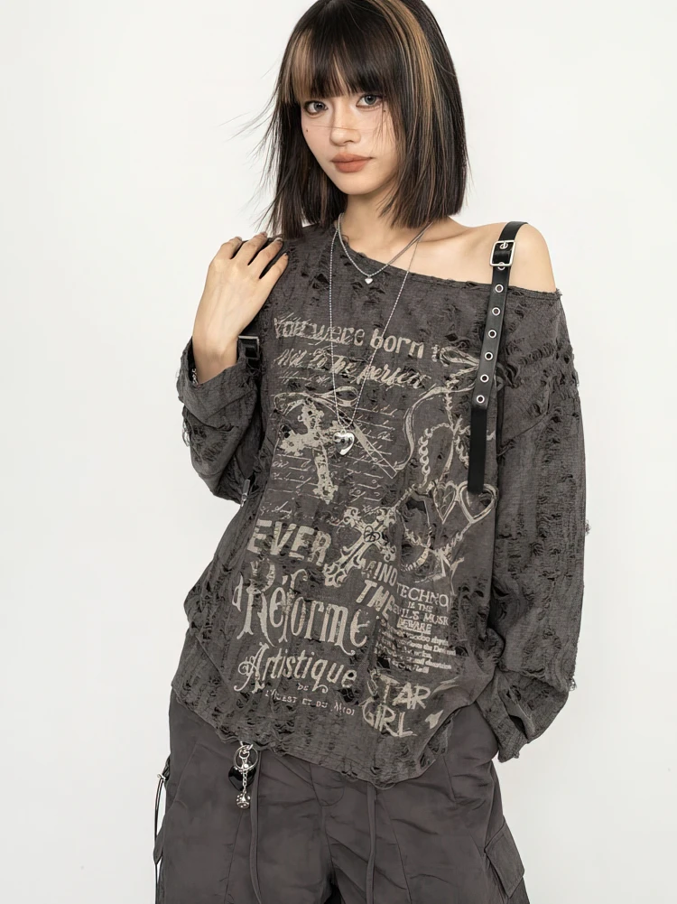 Y2k Long Sleeve T Shirt Women Off Shoulder Oversize Tops Female Spring Autumn Vintage Holes Basic Tees Streetwear Chic