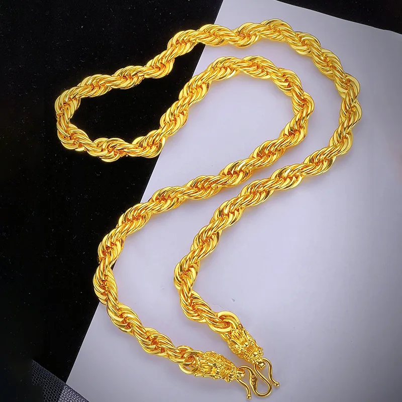 9999 24K real gold men\'s Fried Dough Twists necklace neck chain local tyrant dragon head Fried Dough Twists braid rope necklace