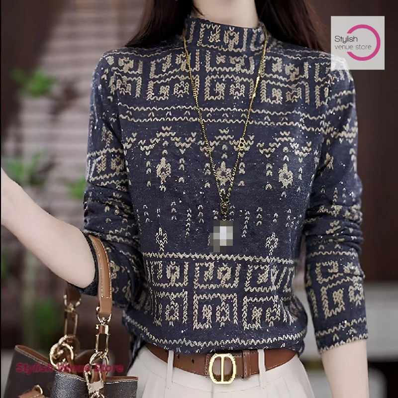 

French double-sided printed mother's long-sleeved shirt in autumn and winter new elastic high-necked warm bottoming shirt