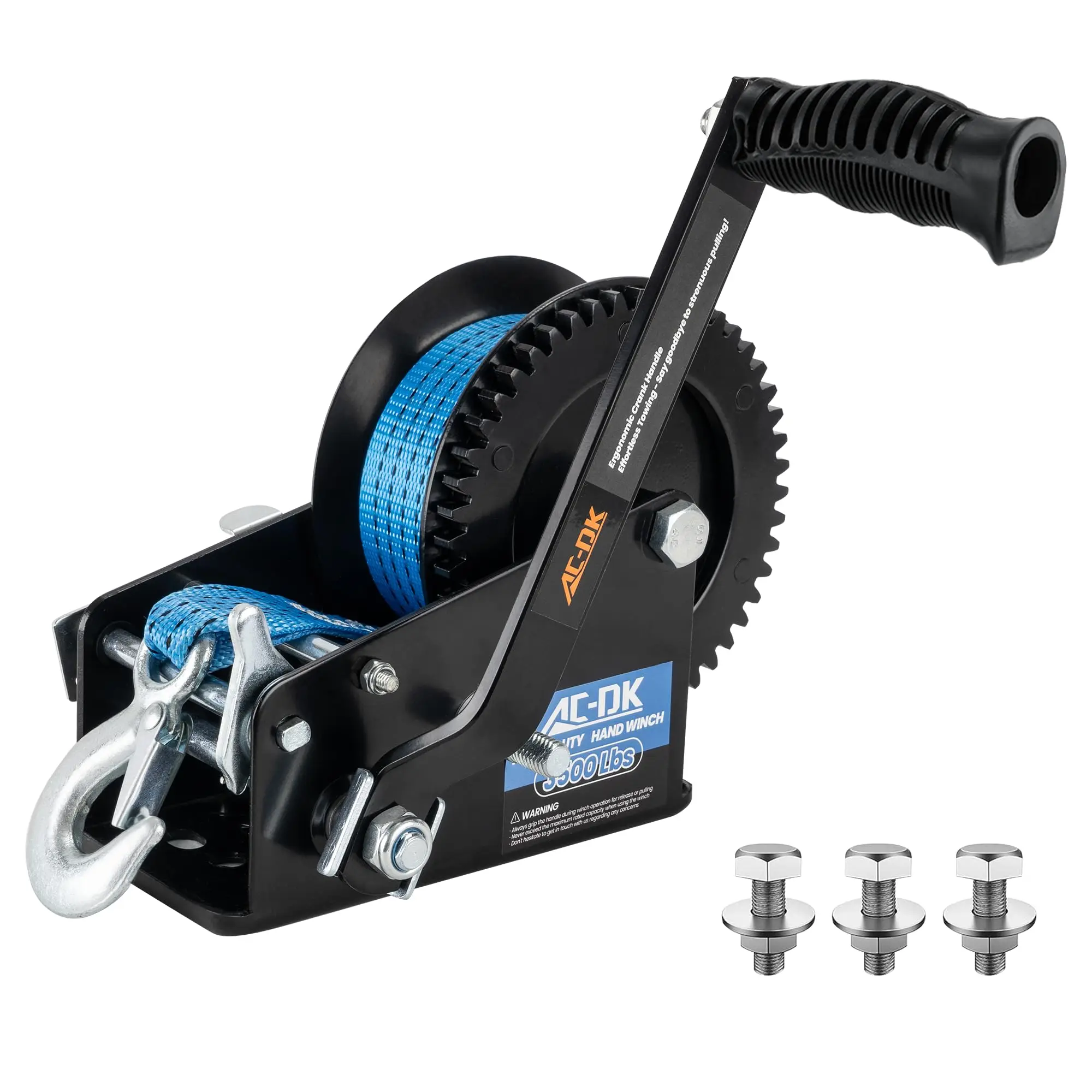 AC-DK 3500lbs Boat Trailer Winch, 32FT Strap, 2-Way Ratchet, 4:1/8:1 Gear, Hand Crank for Boat, Truck, ATV, RV