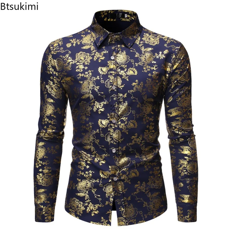 เสื้อเชิ้ตผู้ชายพิมพ์ลาย 3 มิติสุดหรู แขนยาว ปกเชิ้ต กระดุมแถวเดียว สไตล์ลำลอง วินเทจ สตรีทแวร์ สำหรับงานปาร์ตี้และงานแสดงบนเวที