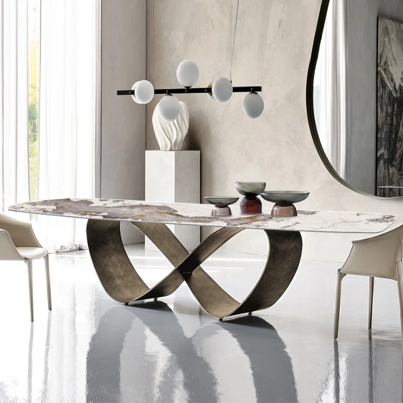 

Italian luxury stone slate dining table and chair combination model room special-shaped bronze bright surface table