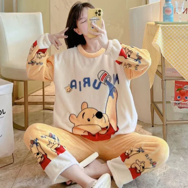 Pijamas de Disney, conjunto cálido de dos piezas para invierno, ropa de descanso de Winnie the Pooh, ropa de descanso de Disney, pijamas de Winnie the Pooh de dibujos animados bonitos