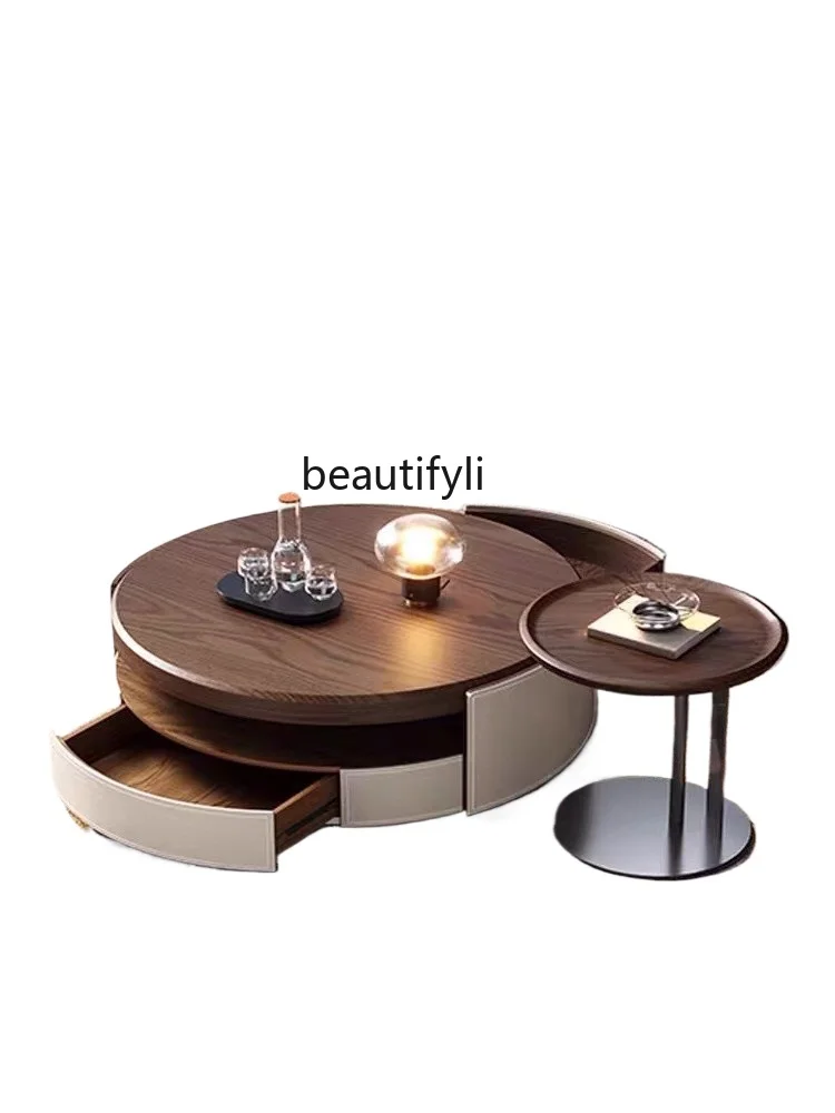 

Retro Style Solid Wood Tea Table Natural Wood Grain High-End Living Room Modern Saddle Leather round Combined Tea Table