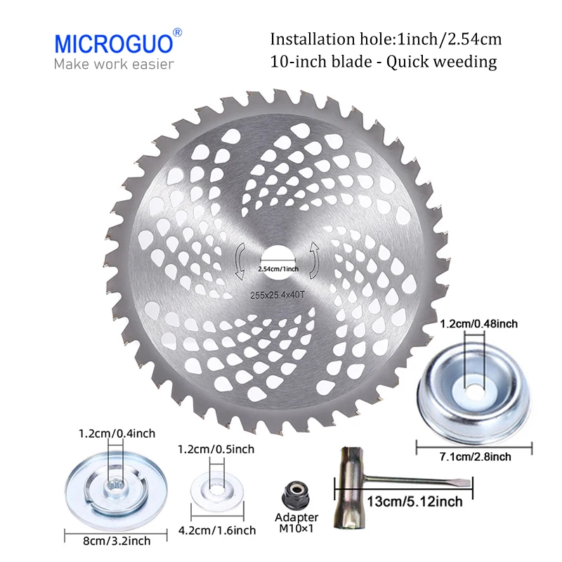 

MICROGUO 10-inch 40-tooth lawn mower blade with 5 accessories, hardened blade, for efficient lawn mowing and shrub trimming