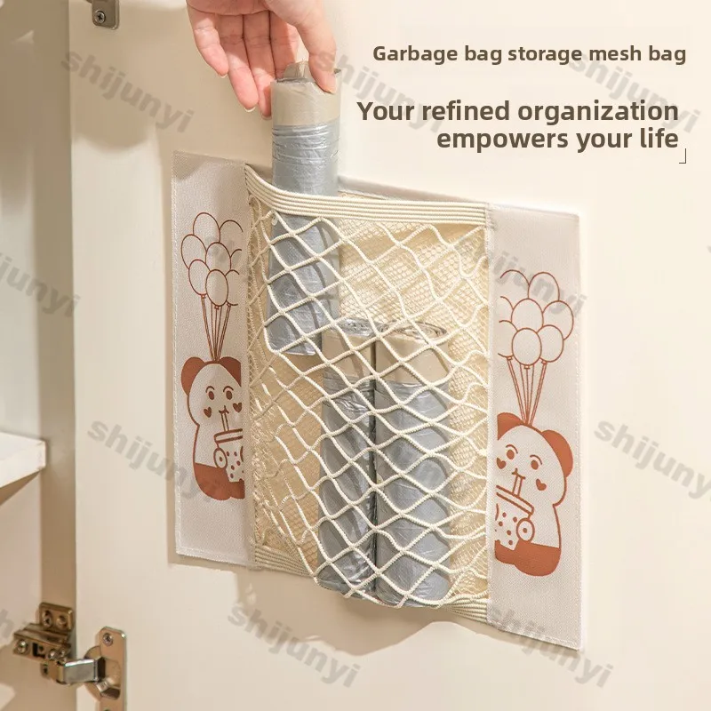 Garbage Bag Storage Artifact Kitchen Plastic Bag Fixed Sticker Mesh Bag Wall Mounted Cabinet Door Mounted Convenient Bag