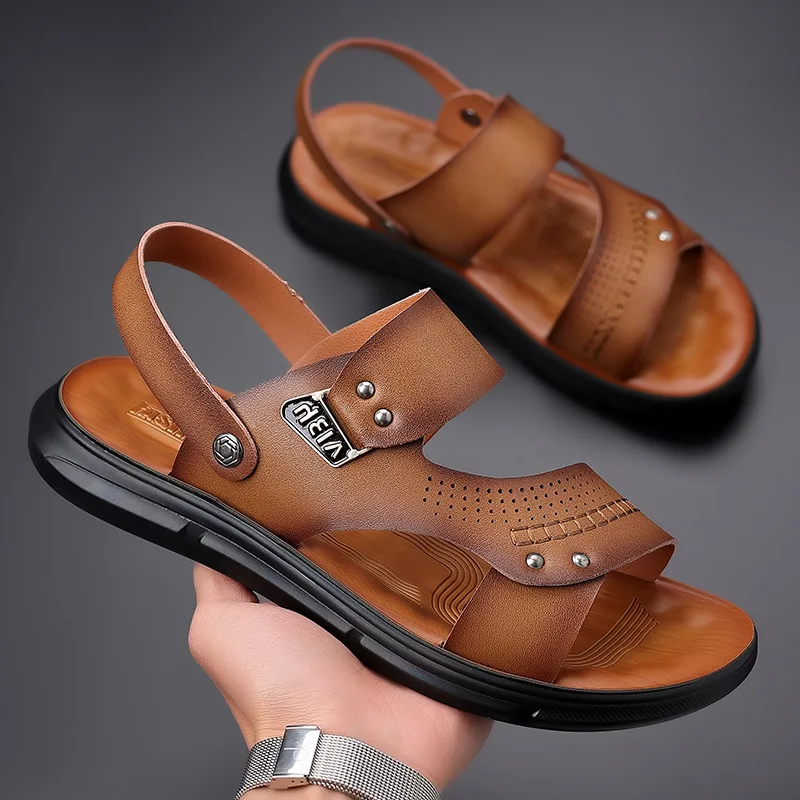 Men Summer New Sandals and Slippers Men's Leather Sandals Adult Thick-soled Beach Shoes Non-slip Open-toe Leather Sandals2024new