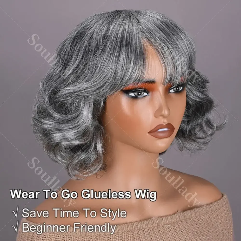

Soul Lady Salt and Pepper Short Bob Wig With Bangs Natural Wave Human Hair Wig Brazilian Wear and Go Beginner Friendly For Women