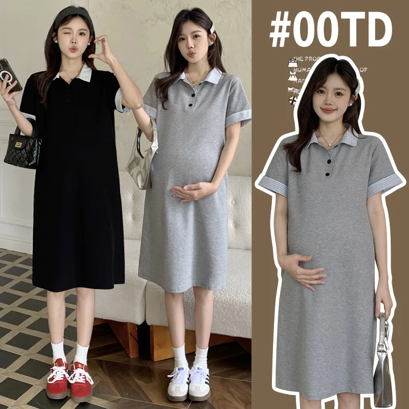 

Maternity Dress Summer 2026 Minimalist Versatile Loose Comfortable Polo Collar Plaid Patchwork Short Sleeve Dress For Pregnancy