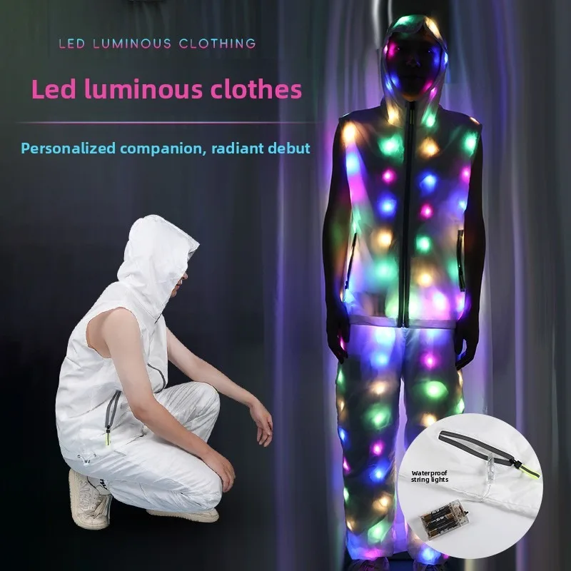 سترة بغطاء للرأس مضيئة LED، زي متوهج، ملابس حفلات الهالوين الليلية، أداء النادي الليلي، ملابس متوهجة، ملابس الرقص في المهرجانات