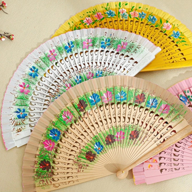 Vintage Spanish Folding Fan for Women Double-Side Flower Painting Gypsy Wooden Hand Fan for Dance Festival Decoration