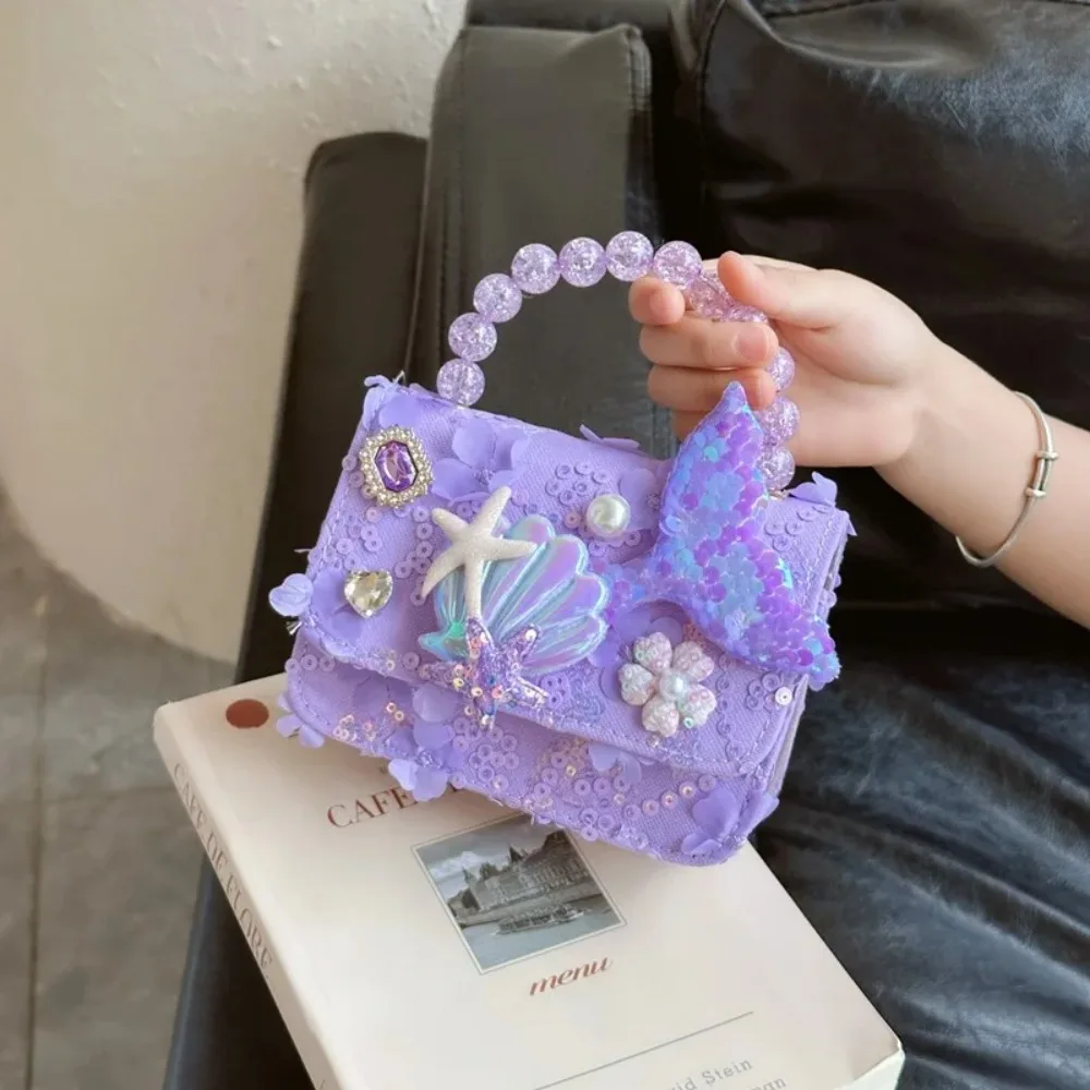 Cute Polyester Kids Shoulder Bag Pearl Square Pearl Handbag Metal Chain Strap Little Girl Mini Bag Kids