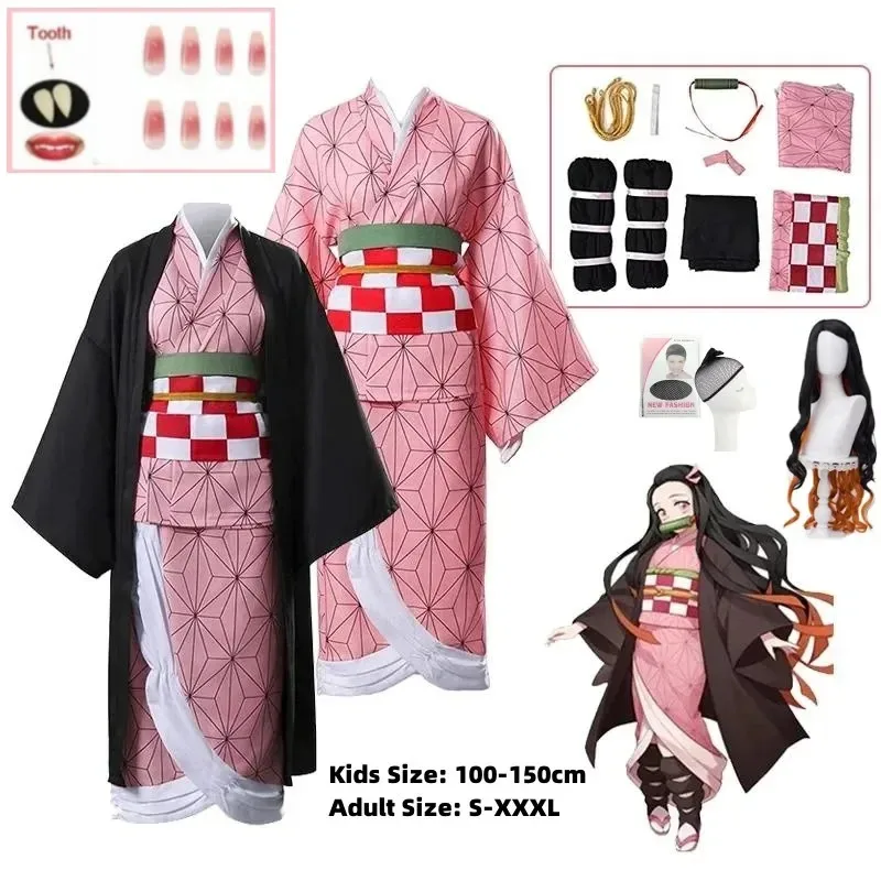 

Anime Cosplay Costume Demon Killer Nezuko Cosplay Costume Pink Kimono Set Bamboo Stickers Teeth Nails Costume Woman Anime Clothe