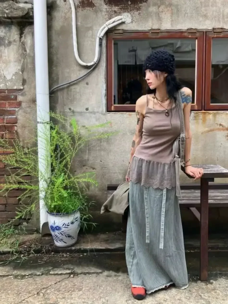 Lace Camisole Vintage Tank Tops Women Sleeveless Basic Patchwrok Camis Y2k Retro Tee Tops Streetwear Korean Style White Grey