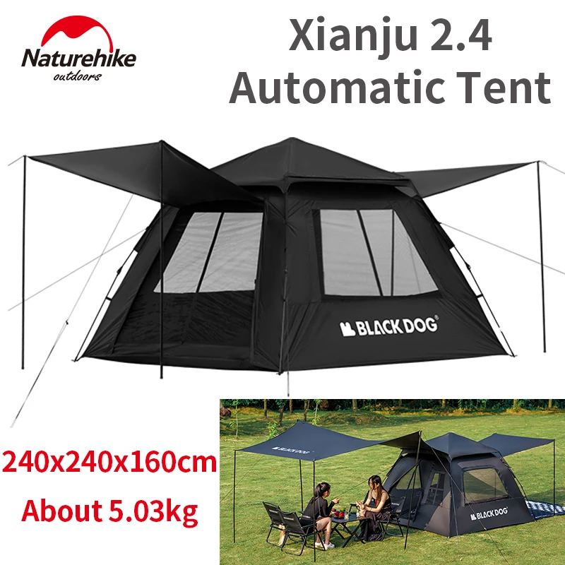 Naturehike BLACKDOG Automatic Tent Outdoor Camping Dome Tent Quick Opening Black Coating Waterproof 3-4 People Large 150D Tent 